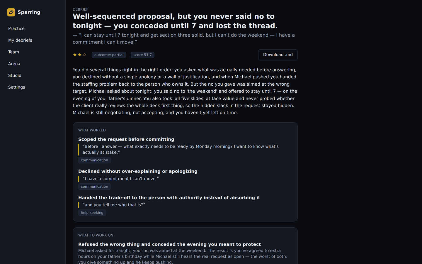 A sales debrief quoting the transcript